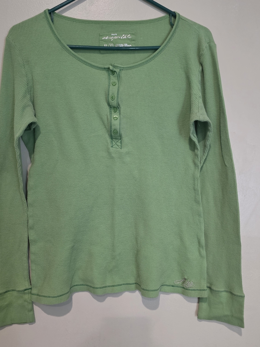 aéropostale Women's Green Waffle Knit Henley Long Sleeve Top XL Cotton Cozy